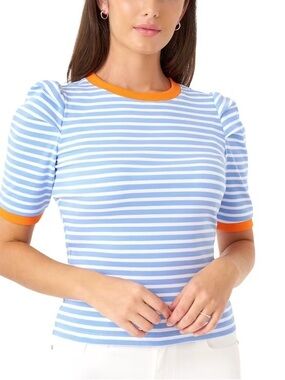 Rebecca Minkoff Striped Puff-Sleeve Tee in Light Blue, White & Orange